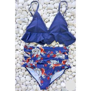 NWT High Waist Navy Floral Ruffle Two Piece Bikini